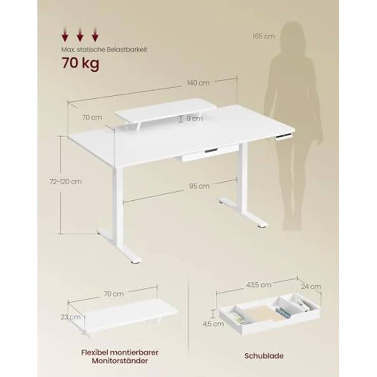 VASAGLE Höhenverstellbarer Schreibtisch, 140x70 cm, flexibel montierbarer Monitorständer, Schublade, USB-C-Anschluss, Erinnerung bei langem Sitzen, für Büro, wolkenweiß LSD154WB01 – Bild 4
