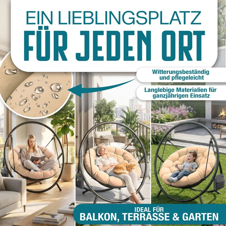KESSER® Hängesessel mit Gestell BALI Hängeschaukel Hängestuhl bis 150kg für Indoor und Outdoor + Kissen & Seitentasche Hängekorb Stahlgestell & Schaumstoff Sitzpolster ideal für Wohnzimmer & Garten Beige – Bild 7