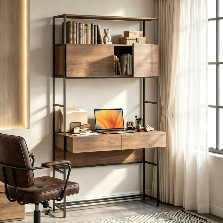 MELAYR, Computertisch mit Regalen und 2 Schubladen für das Home Office, 185 cm hoch, Braun Holzoptik – Bild 4