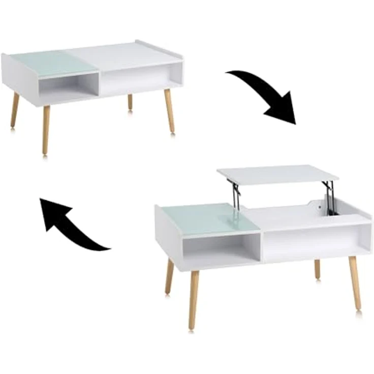 Makika Couchtisch / Wohnzimmertisch mit Glas ausziehbar mit verstecktem Fach in Weiß – Bild 6