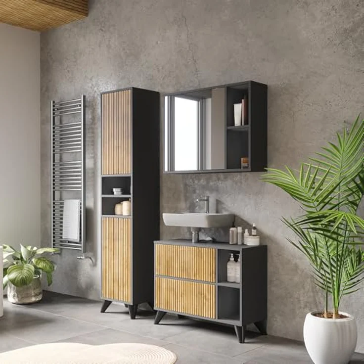 Vichy Badmöbel-Set Leano, 3-teilig, Anthrazit/Bergeiche, mit Waschbeckenunterschrank und Spiegelschrank, 80 cm – Bild 4