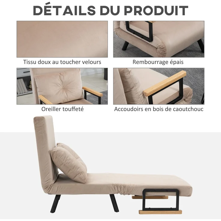 JARDJ 3-in-1-Schlafsofa mit 5-fach verstellbarer Rückenlehne, Armlehnen und Kissen aus Holz, Bezug in Samtoptik, beige – Bild 8