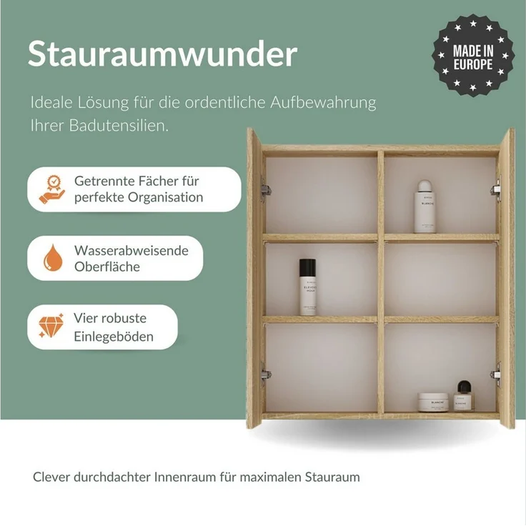 Planetmöbel Badezimmerspiegelschrank Spiegelschrank Merkur (Spiegelschrank Gäste WC 60x67x16 cm, Badschrank hängend mit Spiegel & LED-Leuchte chrom) 60 cm breit, 2 Türen, 6 Fächer – Bild 3