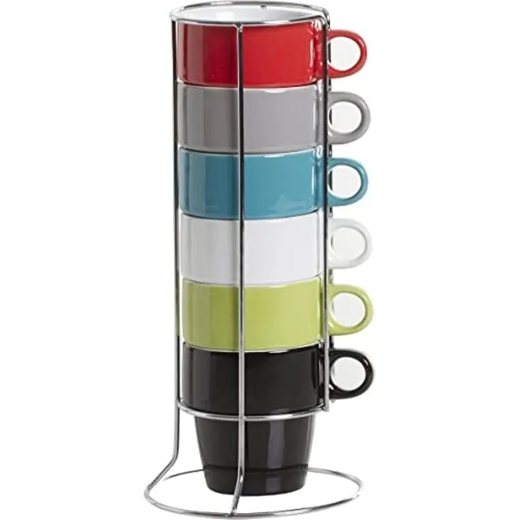 Secret de Gourmet Küchenregal Ein Set mit 6 bunten Cappuccinotassen + einem Metallständer