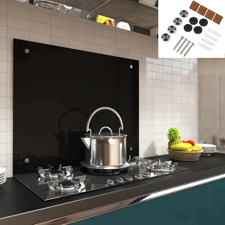 Küchenrückwand Spritzschutz Fliesenspiegel Küche Wandschutz Glas 6mm ESG Schwarz - 90x60CM