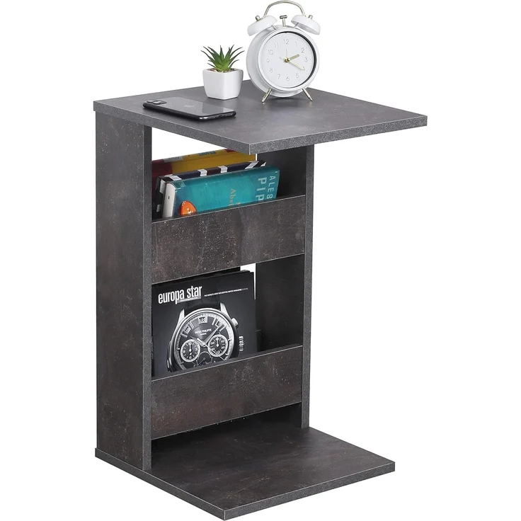 RICOO Kleiner Beistelltisch Holz 35 x 60 x 40 cm WM042-BG Couchtisch mit Stauraum Betonoptik Grau Wohnzimmertisch Kleiner Tisch Wohnzimmer Sofatisch Beistelltische C Form Konsolentisch