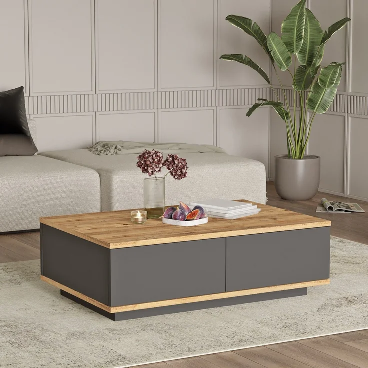Calicosy Couchtisch mit 2 Klapptüren in Kiefer-Dekor und Anthrazitgrau L90 cm - Anthrazitgrau – Bild 3