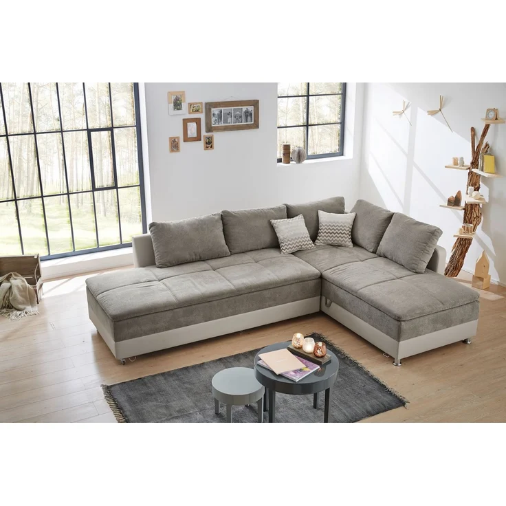 Ecksofa-Dauerschläfer Doppelbett Federkern Bettkasten Couch in Graubraun Beige – Bild 2