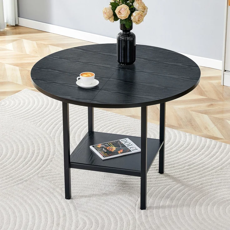 Esstisch 100x100x77 cm, rund, mit Stauraumablage aus MDF und Metall in Schwarz – Bild 3