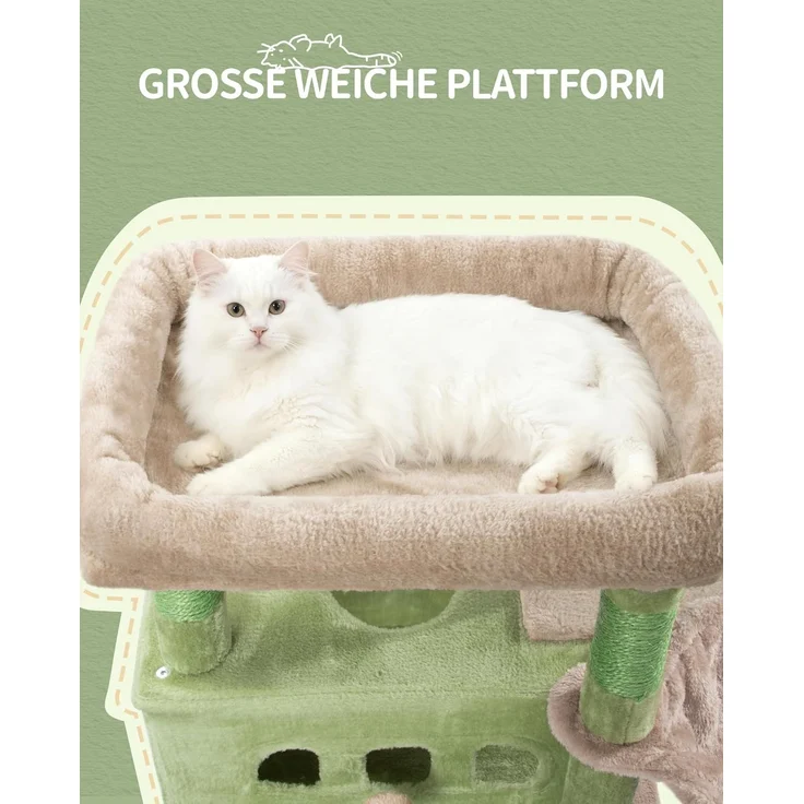Kratzbaum groß, 170 cm hoch, Katzenbaum, mit 8 Kratzbäume, 2 Höhlen, groß Plattformen, Waschbare Matte, Hängematte, Plüschbälle, mehrstöckiger katzenkratzbaum, Grün Braun – Bild 4