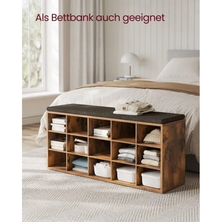VASAGLE Schuhregal mit Sitzfläche und mit Kissen, Holzspanplatte / Schaumstoff braun, 105 x 30 x 48 cm