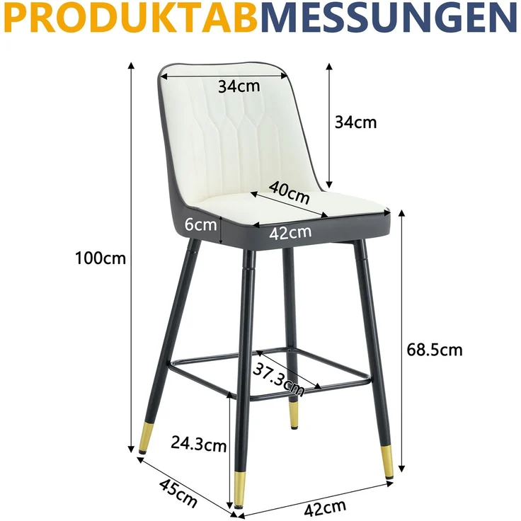 2er-Set Barhocker, 100 cm hoch, aus PU-Leder in Weiß/Dunkelgrau-Kombination mit schwarzem Metallgestell und bequemer Fußraste, In mehreren Farben erhältlich – die ideale Wahl für Ihre Hausbar.--Dunkelgrau, Weiß+Silber--42x45x100cm--YOUDENOVA – Bild 4