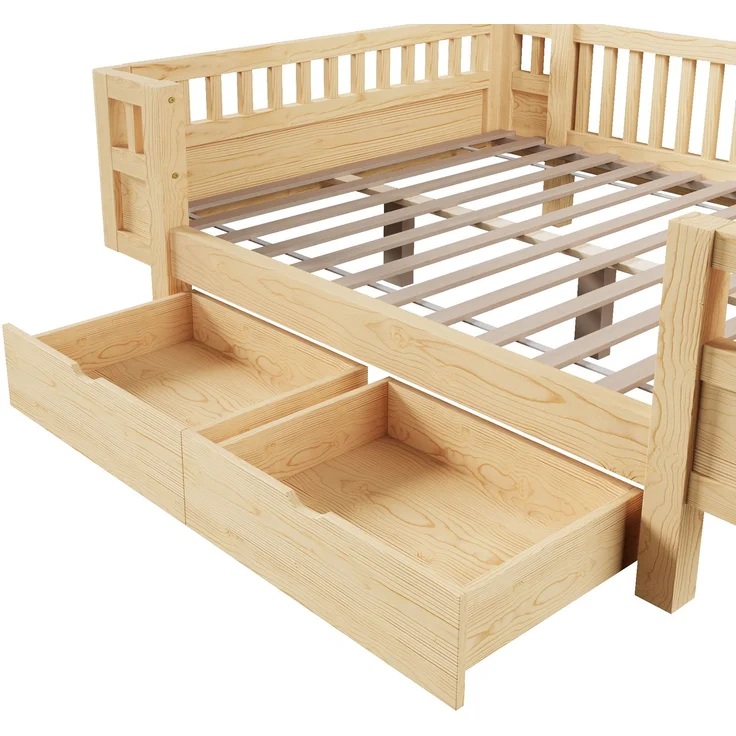 Merax Hochbett 140x200 Kinderbett, mit hohem Schutzgitter & zwei großen Schubladen, Holzfarbe – Bild 7