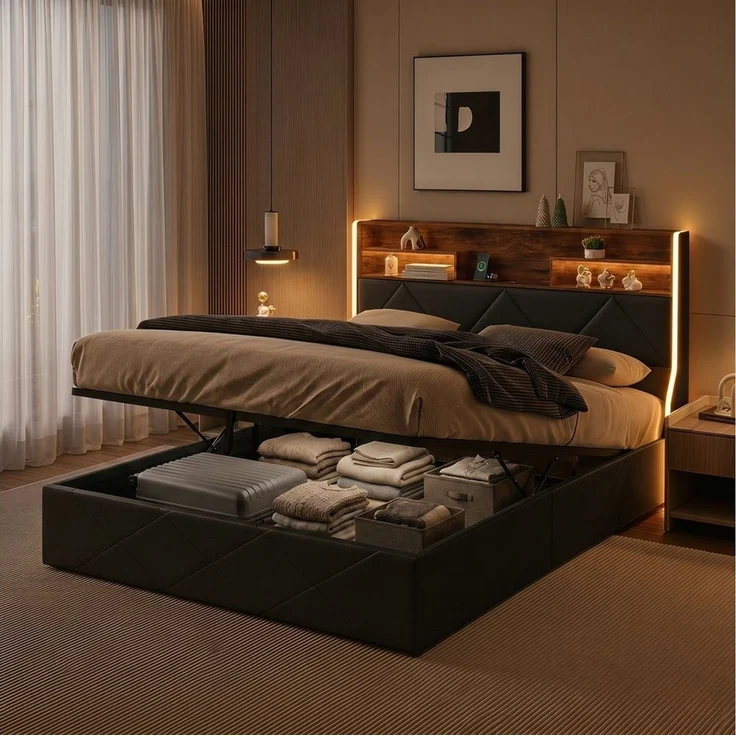 PXloue Polsterbett Stauraumbett Geeignet für kleine Wohnungen (Kopfteil mit 2 USB-Anschlüsse und 1 Typ-C-Ladeport), Hydraulisches Doppelbett, mit LED-Leisten, PU, 160x200 – Bild 1