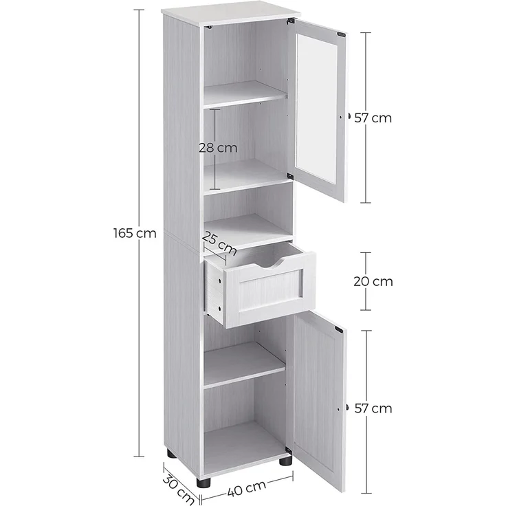 VASAGLE Badezimmerschrank, Badschrank, Hochschrank, offenes Fach, Glastür, schmal Badezimmermöbel, Badmöbel mit Füßen, höhenverstellbare Ablagen, 40x30x165 cm, hellgrau mit Holzmaserung BBK163T44 – Bild 4