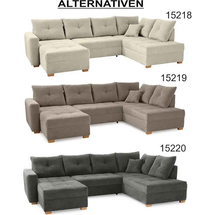 Wohnlandschaft U-Form Sofa groß Schlaffunktion Couch Bettkasten Cord Beige Grau – Bild 10
