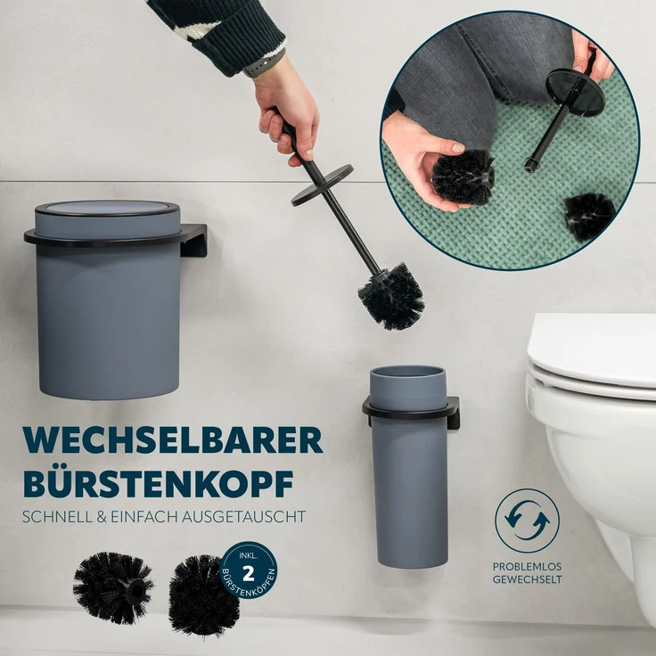 2tlg. Bad-Set SAVONA Softtouch inkl. Wandhalterung, Kosmetikeimer 5,5 Liter und WC-Garnitur, rund - grau – Bild 4
