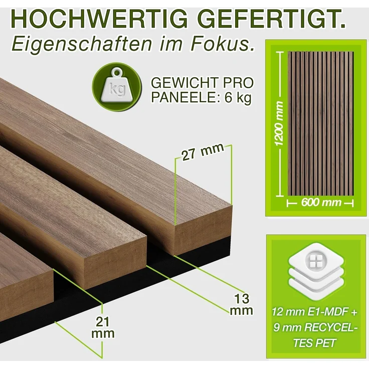 TRESKO® 2 Stück Akustikpaneele Holz 120×60 cm inkl. 4x Kleiderhaken | Wandverkleidung Eiche Natur als 3D Lamellenwand | Holzpaneele Paneele für Schallschutz | Akustik Wandpaneele mit Montageset – Bild 2