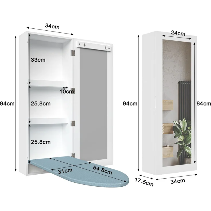 Wandbügelbrett mit integriertem Schrank, klappbarem Bügelbrett und Wandspiegel für Zuhause, Wohnung und kleine Räume – Weiß – 34 x 17,5 x 95 cm – YOUDENOVA – Bild 6