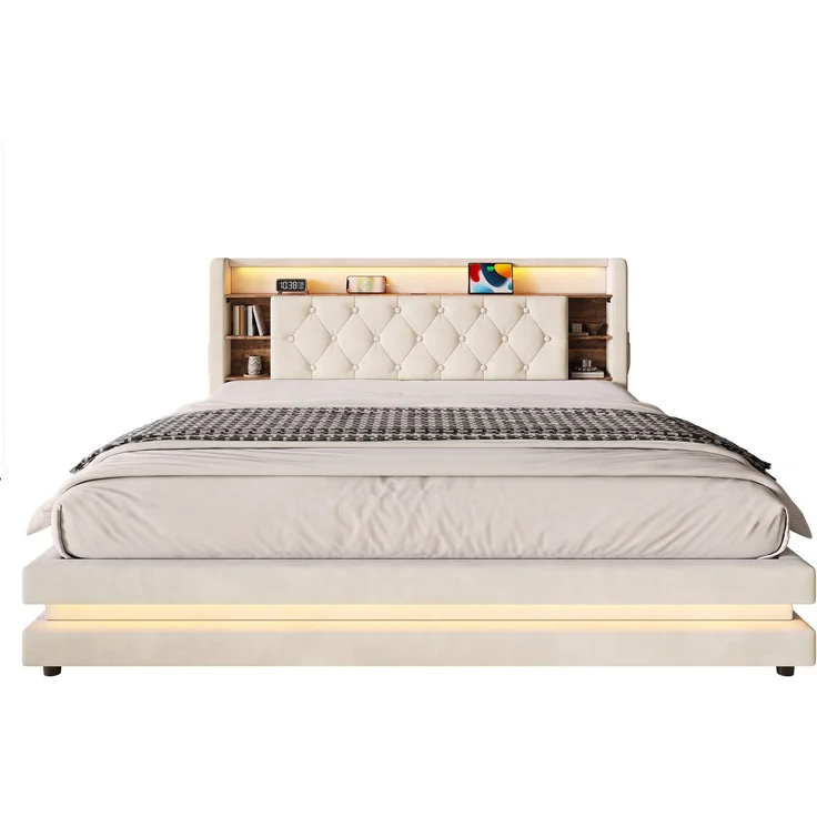 TavilaEcon Boxspringbett Samtbett, Polsterbett mit LED-Beleuchtung & USB-Ladefunktion beige Liegefläche 180 × 200 cm – Bild 9