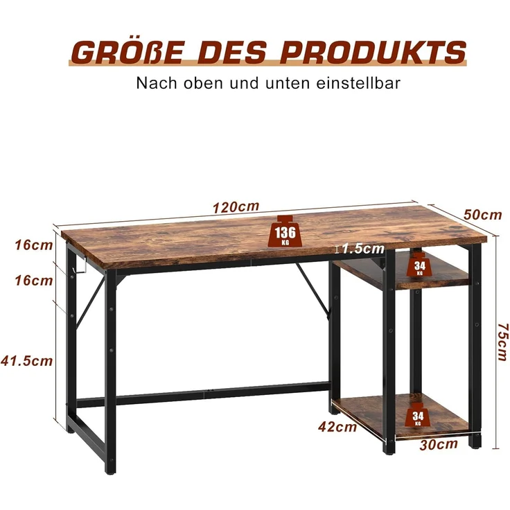 JUMMICO Schreibtisch 120cm mit Regalen, Tisch mit Stauraum, stabile Stahlkonstruktion – Rechts- oder Linksschreibtisch – Rustikales Braun – Bild 3