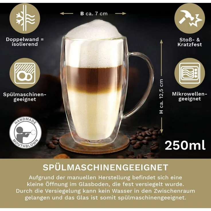 Creano Teeglas Thermoglas mit Henkel „DG-SHH“ 250 ml, 4er Set, 4-tlg, Borosilikatglas, 4 Gläser – Bild 3