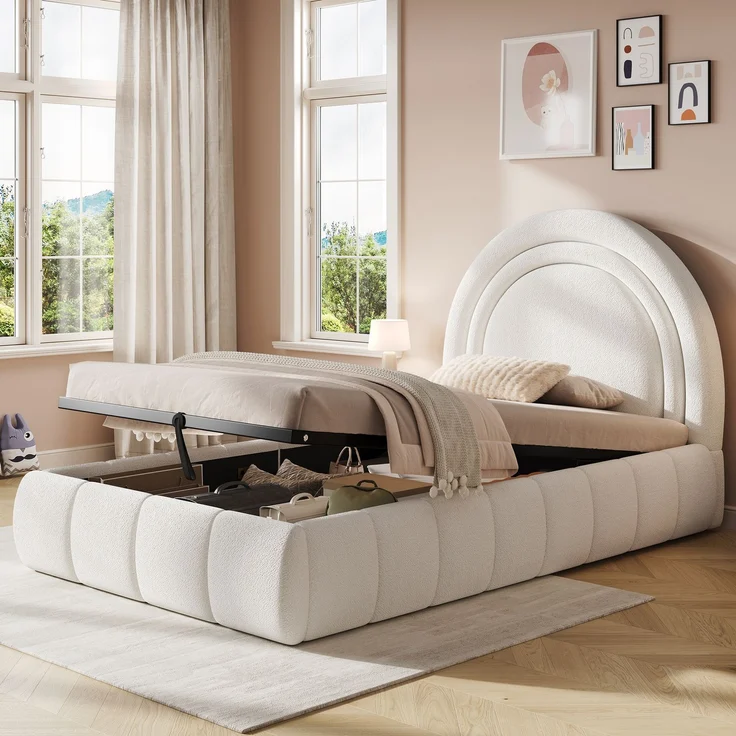 Merax Polsterbett, Einzelbett, Kinderbett 90 x 200cm, hydraulisches Funktionsbett, Bett mit Lattenrost, Kopfteil und großem Stauraum, gepolstertes Kopfteil, bouclé, beige – Bild 1