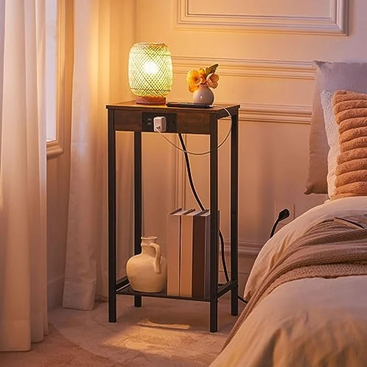 HOOBRO Beistelltisch mit Ladestation, Telefontisch Hoch mit Netzablage, Schmaler Nachttisch mit Steckdose für Wohnzimmer, Schlafzimmer, Vintagebraun und Schwarz EBF08CDH01 – Bild 4
