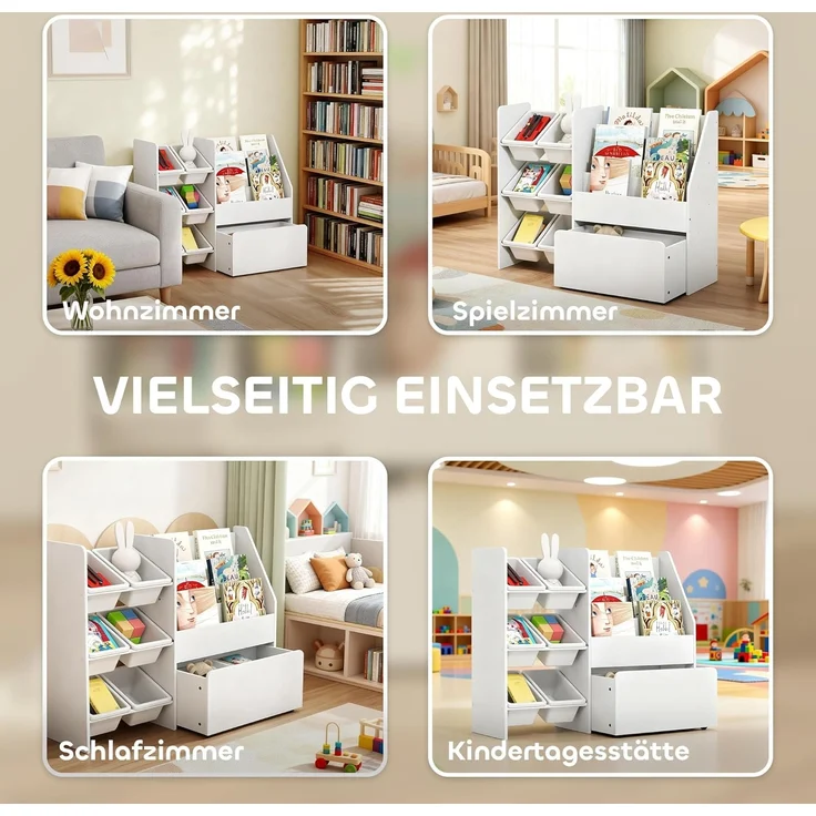 AIYAPLAY Spielzeugtruhe mit 6 herausnehmbaren Aufbewahrungsboxen, Bücherablage, rollbarer Box (Kinderregal, 1 St, Kinder-Bücherregal), mit Rädern, für Kinderzimmer, Spielzimmer, 100x30x80 cm, Weiß – Bild 6