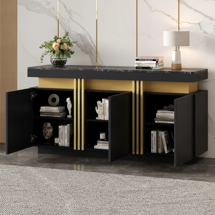 Merax 140*38*70cm Schwarz Sideboard-Display, 3 Türen, Esszimmerschrank mit verstellbaren Trennwänden, breite grifflose Schließfächer – Bild 3