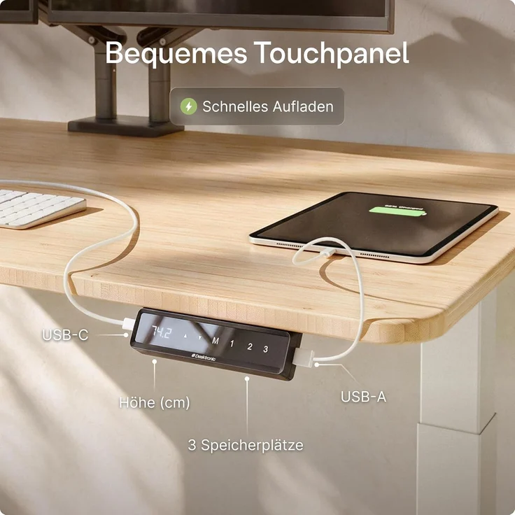 Desktronic Elektrisch Höhenverstellbarer Schreibtischgestell HomeOne , Weiß, mit Memory-Funktion, Anti-Kollisions Technologie, USB-A und USB-C-Ladeanschlüssen – Bild 7