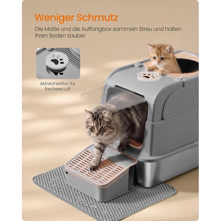 FEANDREA Katzenklo aus Edelstahl, geschlossene Katzentoilette mit Deckel und 2 Eingängen, mit Schaufel und Bürste, dunkelgrau – Bild 7