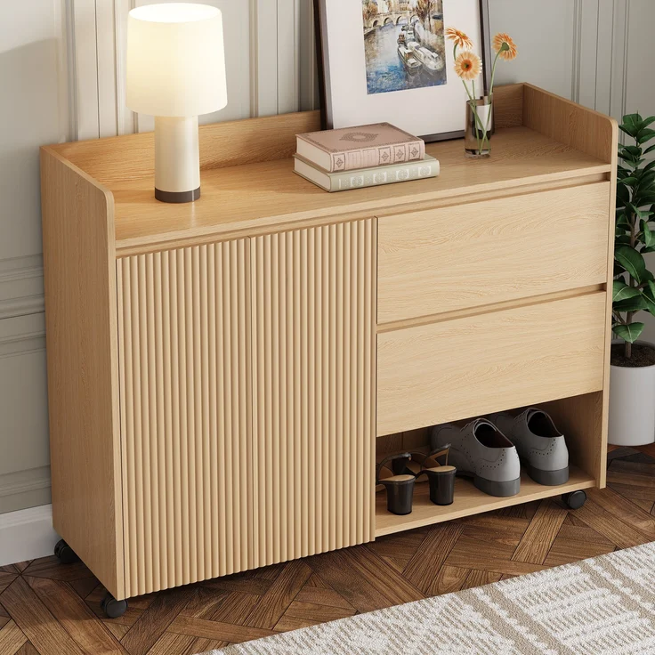 Schuhschrank aus MDF mit Rollen & Schubladen, 110x35x86 cm, Natur – Bild 7