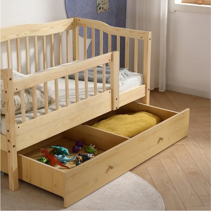 LEADZM Kinderbett mit Schubladen 70x140 / 80x160 / 90x200cm, Hausbett mit Lattenrost, Bodenbett mit Stauraum und Abnehmbarer Barriere, Naturbelassen – Bild 3