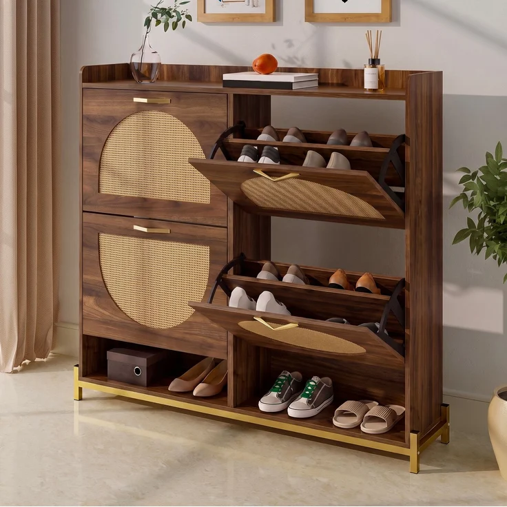 DESVIAE Garderobenschrank Schuhschrank Nussbaum aus MDF – 108,5x100x24 cm – 4 Klappen, Rattan-Optik – Bild 2
