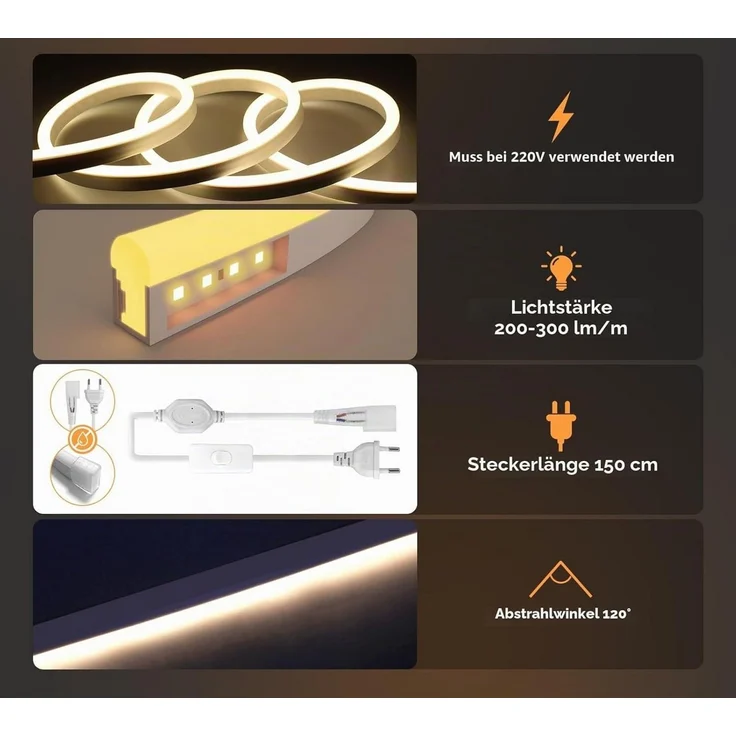 Athlix LED-Streifen Neon COB Streifen Weiß LED Strip, Wasserdicht Innen Außen, IP65 Wasserdicht, 120 LEDs pro Meter, zuschneidbar – Bild 2