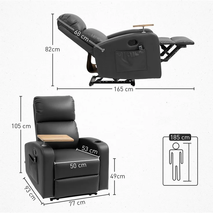 Wohnora-Massagesessel Relaxsessel Liegesessel, 1 Klapptisch, 1 Fußstütze; 77 cm x 93 cm x 105 cm, Schwarz,H 1050cm x T 770cm x B 930cm – Bild 4