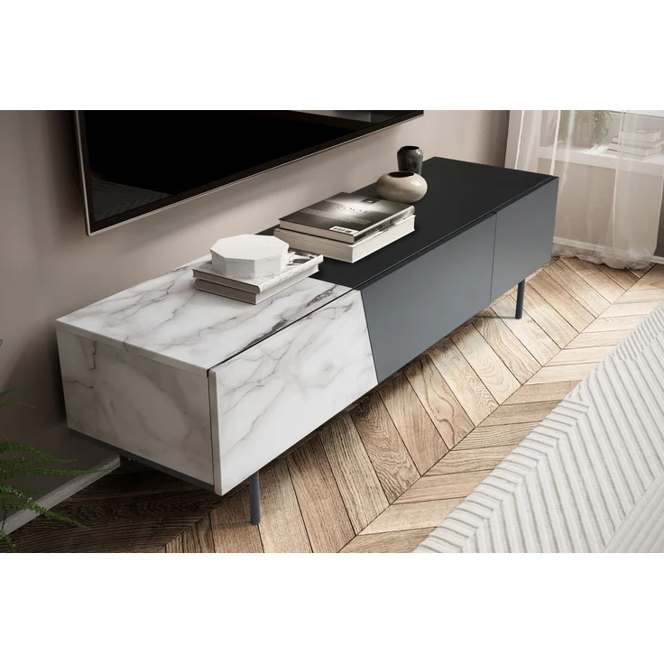 Lowboard Schwarz mit Marmor-Dekor in Weiß 150x40x40 cm TV-Kommode Modern, Des... – Bild 5
