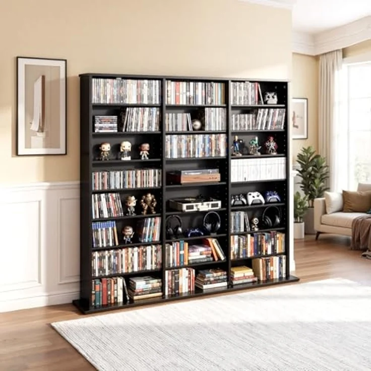 VEVOR DVD-Regal mit 24 Fächern (8 Ebenen), Medienregal Standregal 142 x 22 x 130 cm, Platzsparendes Aufbewahrungsregal für CDs DVDs Bücher Spiele-Discs, Bücherregal für Wohnzimmer/Homeoffice, Schwarz – Bild 2