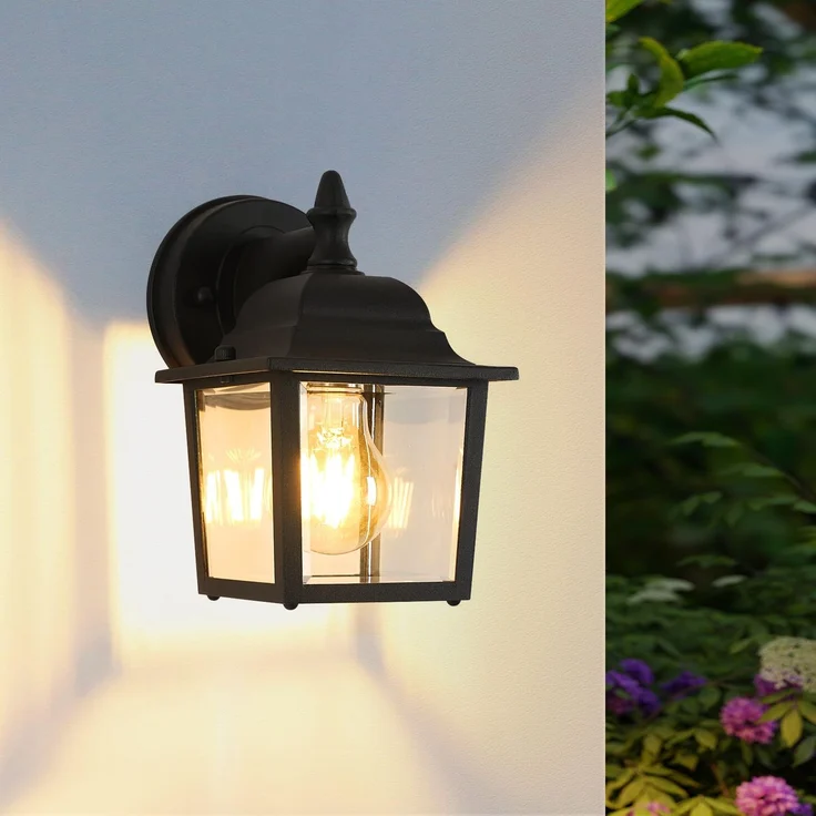 Comely Außenwandlaterne, Wasserdichte Wandleuchte, Haustür Außenwandleuchte mit Klarem Glasschirm, E27 Sockel Porch Lights für Eingang, Schwarz, Länge 21cm (ohne Birne)