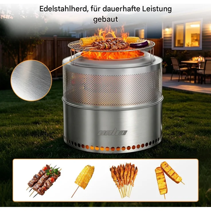 UNHO Feuerschale mit Grillrost Feuerkorb 2in1 mit Tragetasche Edelstahl Silber Ø50 cm – Bild 5
