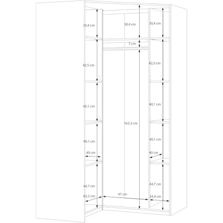 Forte PANOPTIK Eckkleiderschrank 120, moderner Schrank, 2-türig, Schlafzimmer, Jugendzimmer, platzsparend, Kaschmir|Beige|Riva Eiche Holzdekor, 116,8 cm breit x 210,5 cm hoch x 117 cm tief – Bild 7