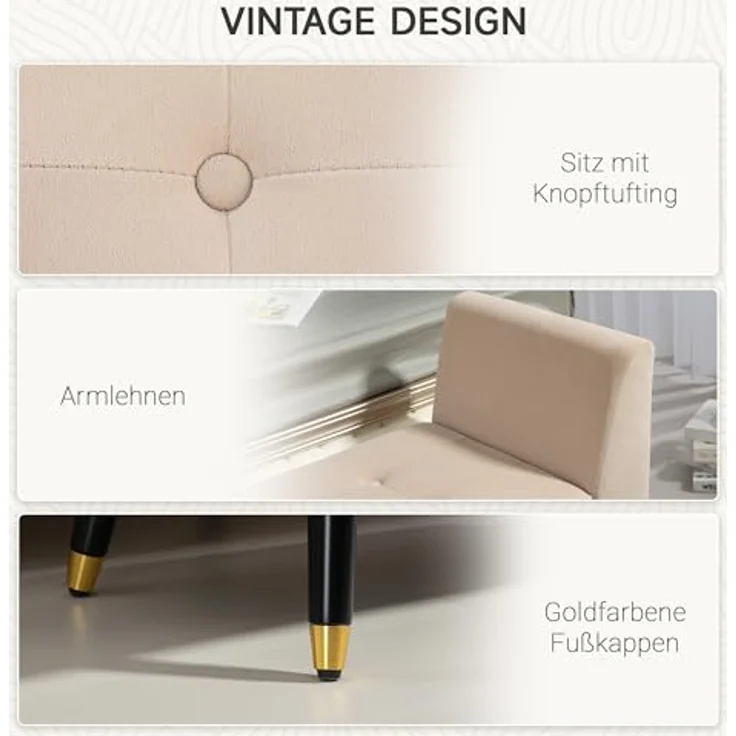 HOMCOM Sitzbank mit Stauraum Armlehnen, Samtartiges Polyester (Truhenbank, 1-St, Polsterbank), Gummiholz Beige 107 x 42 x 65 cm – Bild 7