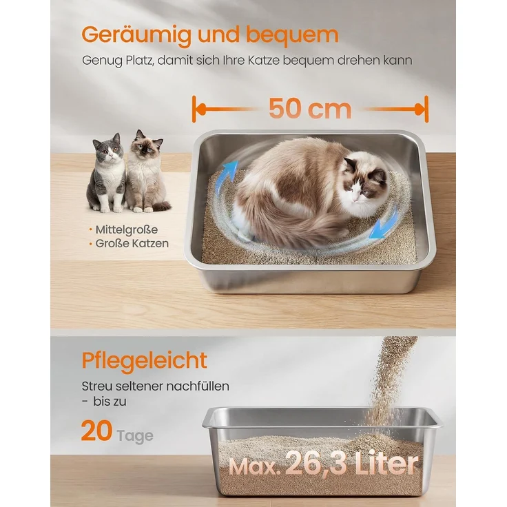 FEANDREA Großes Edelstahl Katzenklo Offen mit Hohem Rand Geruchsfrei 50 x 35 x 15 cm Silber – Bild 4