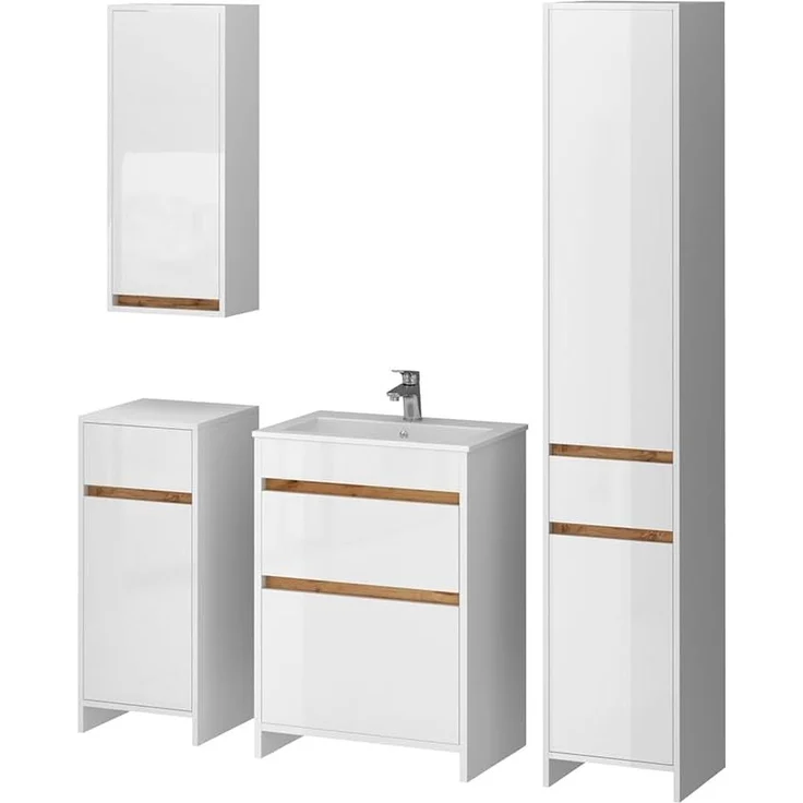 Badmöbel-Set Detmold Weiß Hochglanz/Goldkraft Eiche 5er-Set Vicco – Bild 1
