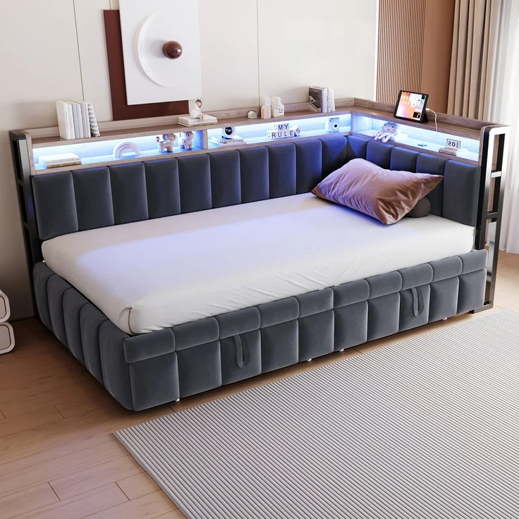 Ausziehbett mit Liegefläche 90×200 cm und Auszug 90×190 cm, LED, Dunkelgrau, ohne Matratze – Bild 2