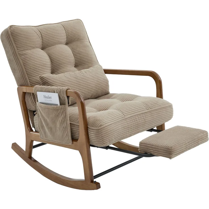 LVHOM Schaukelstuhl mit ausziehbarer Fußstütze, Relaxsessel mit verstellbare Rückenlehne, Loungesessel mit Seitentasche, bis 150 kg belastbar, Khaki