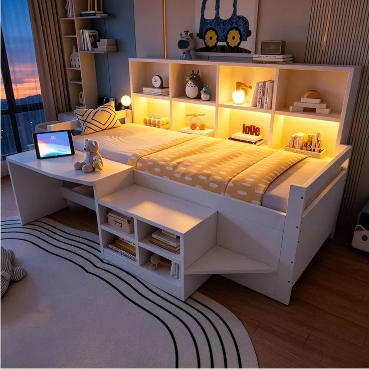 Flieks Kinderbett, Halbhochbett 90x200cm mit Schreibtisch, Schrank, Aufladen & LED-Leiste – Bild 2