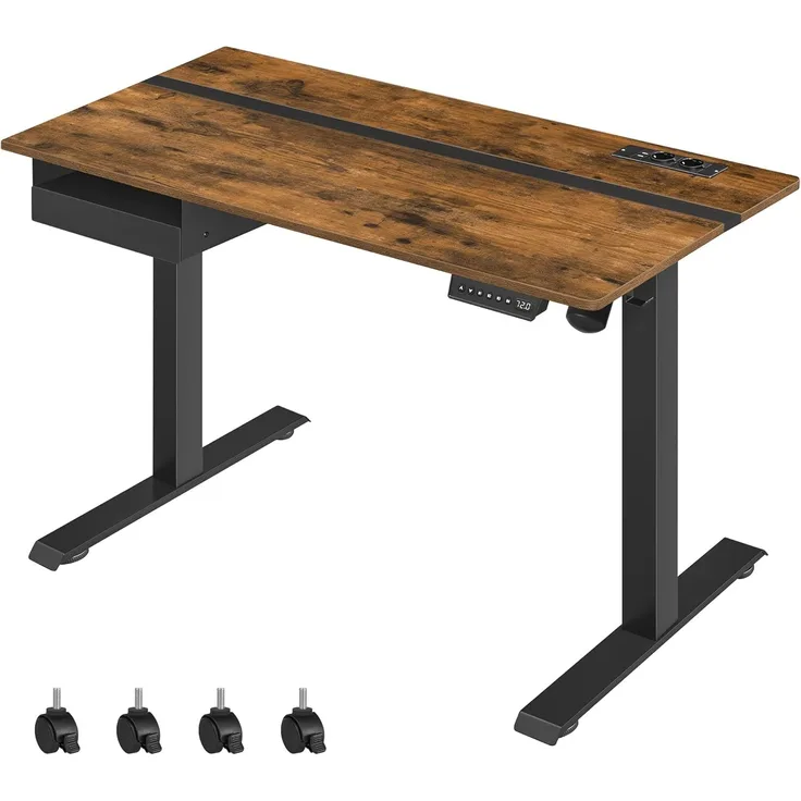 Vasagle Höhenverstellbarer Schreibtisch elektrisch, mit Steckdose und Schublade, stufenlos verstellbar, Memory-Funktion mit 4 Höhen, vintagebraun-schwarz, Tischoberfläche 60x120 cm