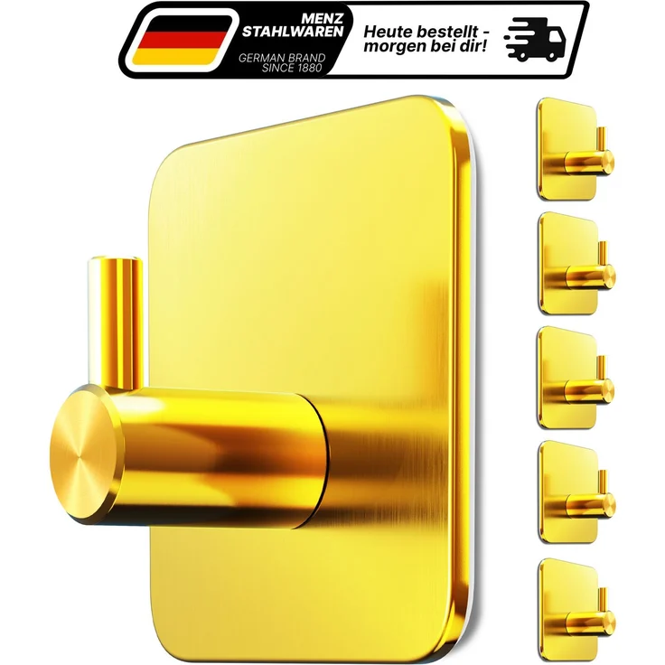 Lindenstein Handtuchhaken 6er-Set Gold – Edelstahl V2A, selbstklebend mit 3M-Pads – Bild 1